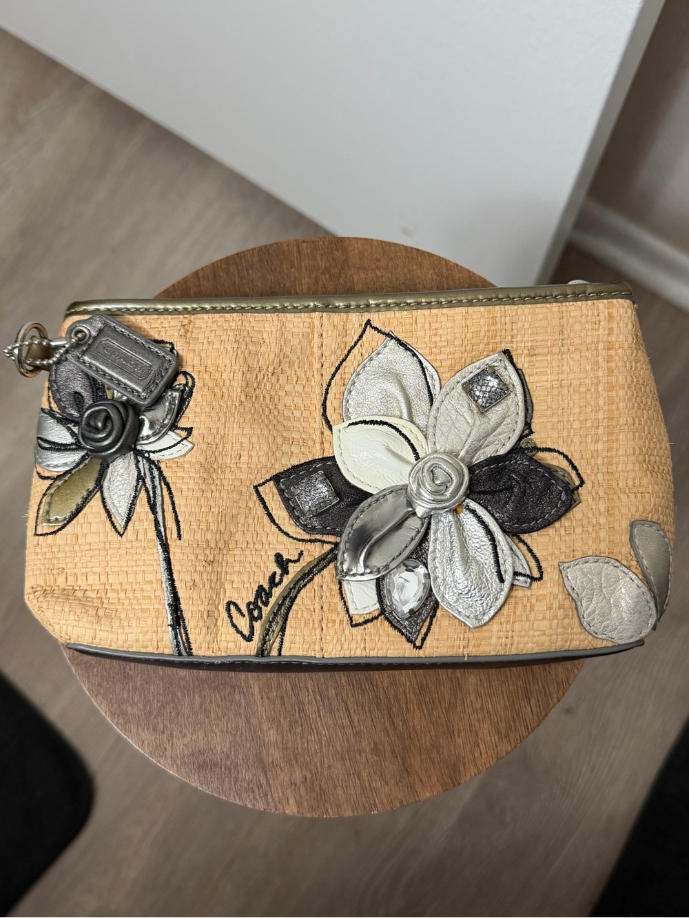Coach Hamptons Archive 10th Anniversary Straw Metallic Flower Wallet